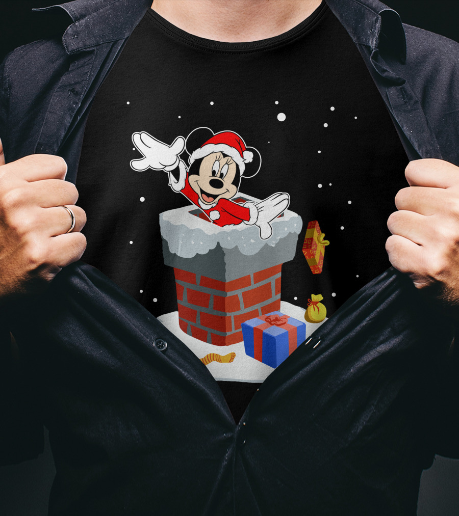 Minnie Mouse Santa In Chimney With Christmas Gifts And Snowflakes T-Shirt