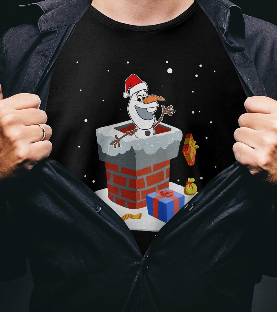 Olaf Christmas Santa Chimney Snowman With Gifts T-Shirt
