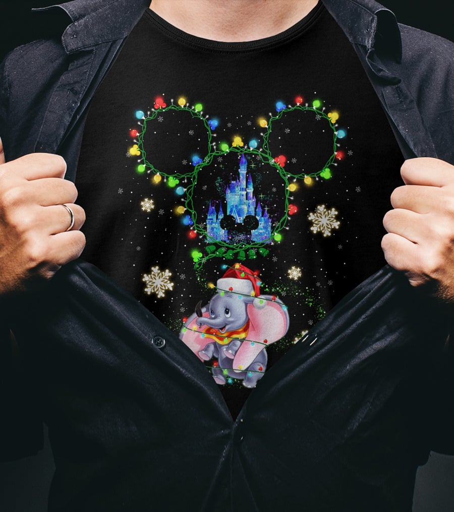 Dumbo Christmas Lights Castle Mickey Ears Snowflakes Disney Holiday T-Shirt