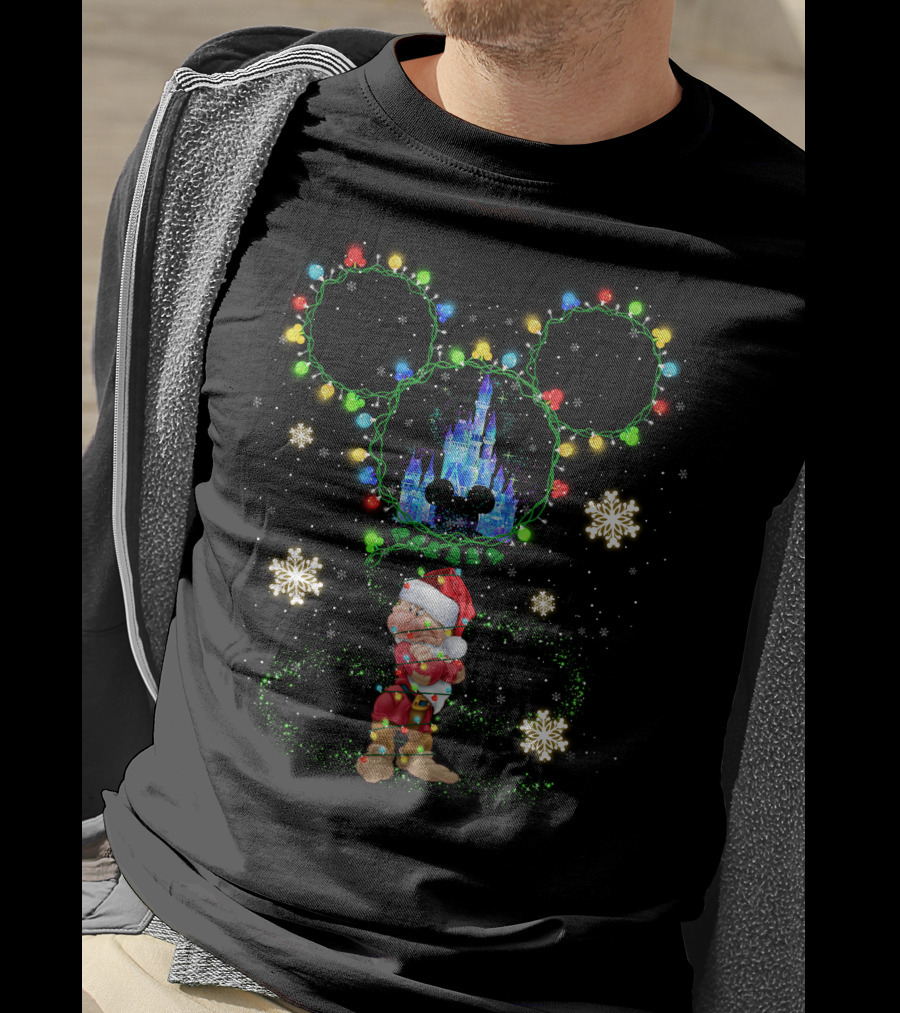 Grumpy Christmas Lights Castle And Mickey Ears Snowflakes T-Shirt