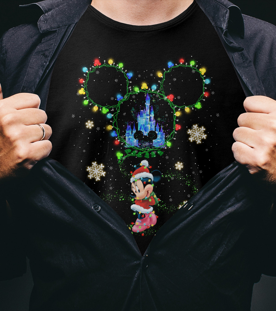 Minnie Mouse Christmas Lights And Disney Castle Holiday Scene T-Shirt