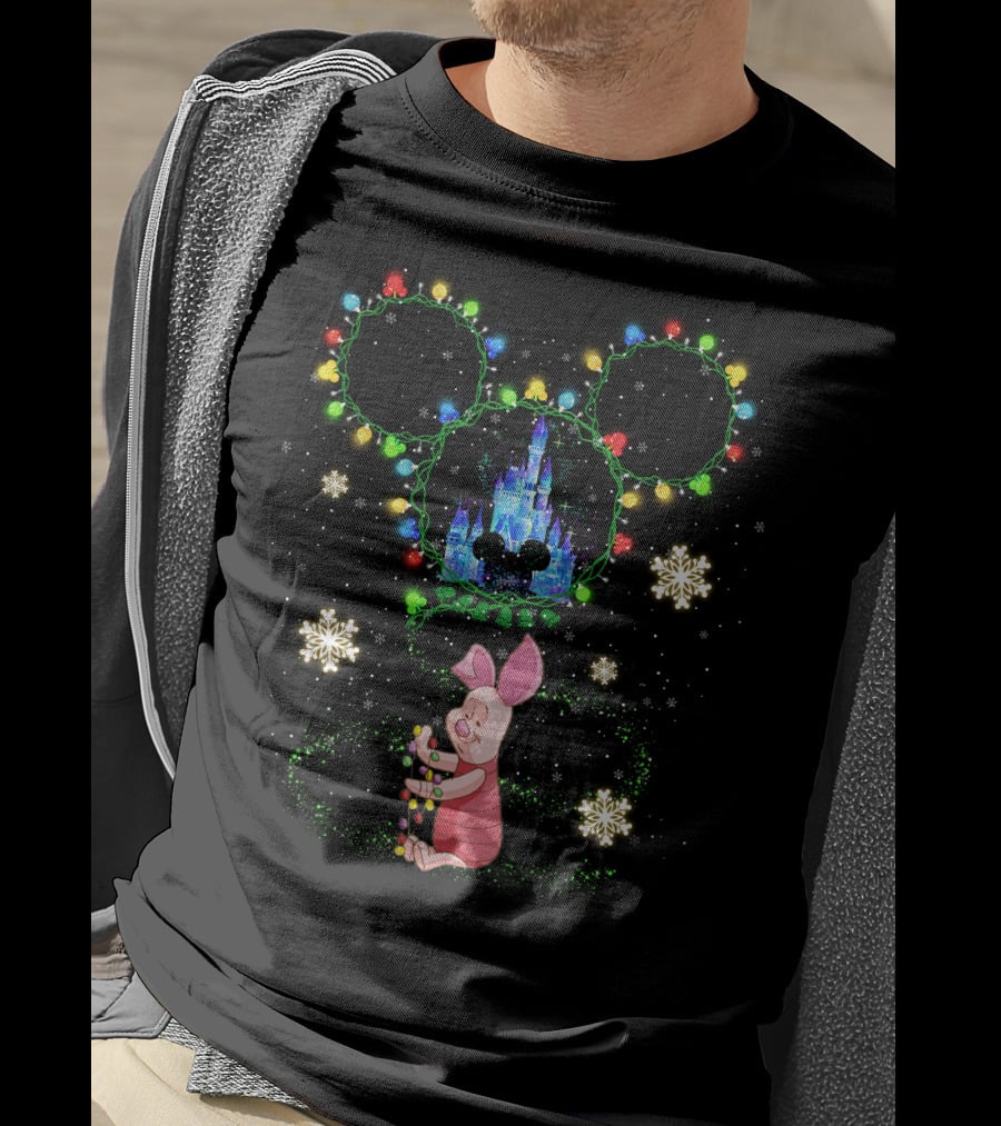 Piglet Christmas Lights Castle And Mouse Ears Snowflakes T-Shirt
