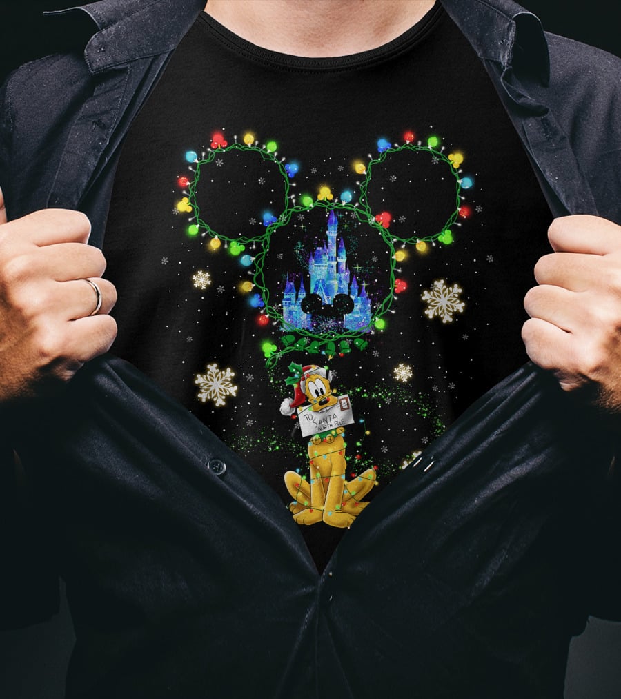 Pluto Santa Letter Mickey Ears Castle Snowflakes Christmas Lights T-Shirt