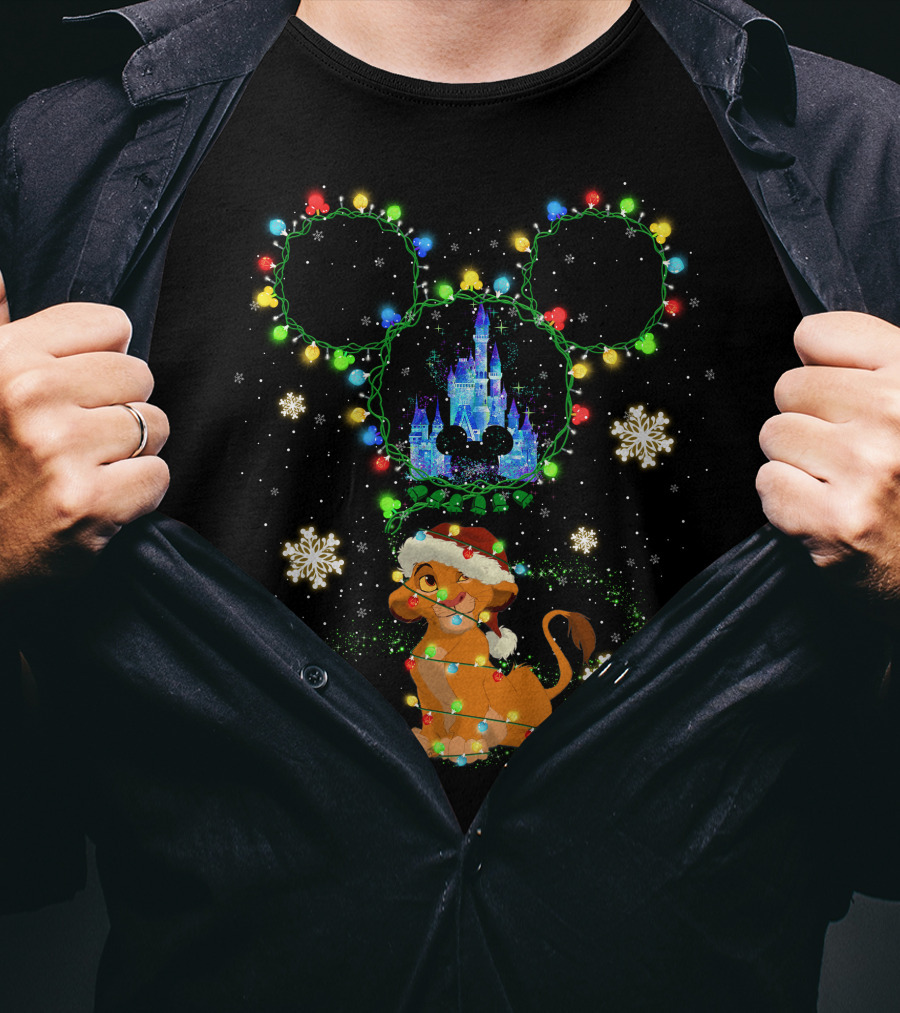 Simba Christmas Disney Castle Mickey Ears Lights Snowflakes T-Shirt
