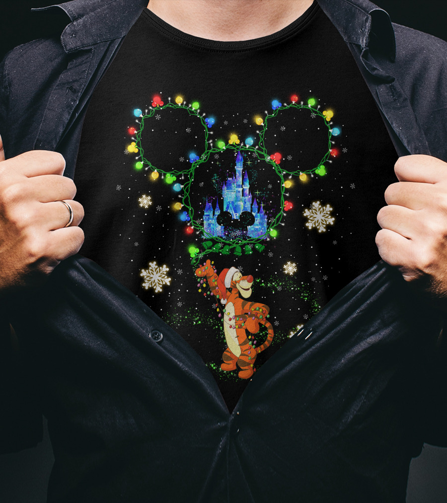 Tigger Disney Christmas Castle Lights Snowflakes Mickey Ears T-Shirt