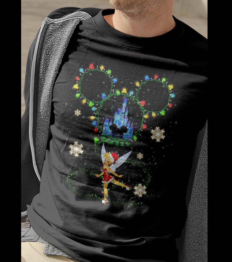 Tinker Bell Christmas Lights Mickey Ears Disney Castle Snowflakes T-Shirt