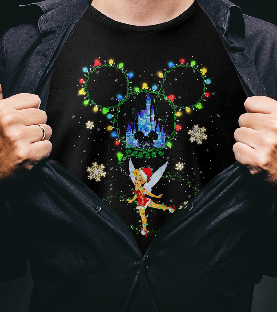 Tinker Bell Christmas Lights Mickey Ears Disney Castle Snowflakes T-Shirt