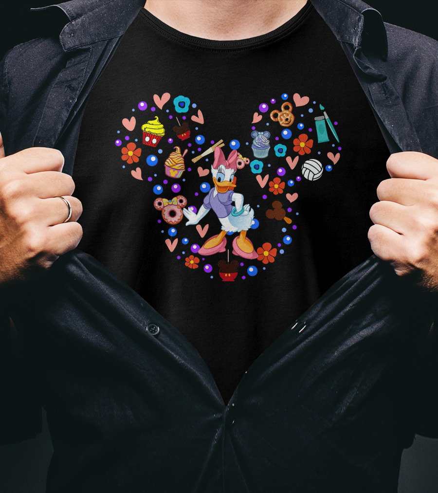 Daisy Duck Heart Icon With Sweets And Flowers T-Shirt
