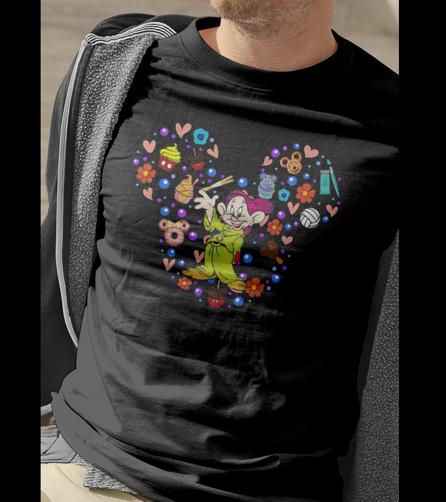 Disney Dopey Heart With Cupcakes And Flowers T-Shirt