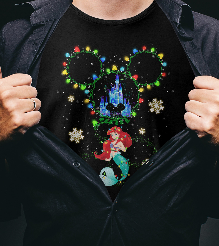 Ariel Disney Holiday Castle Snowflakes Lights T-Shirt