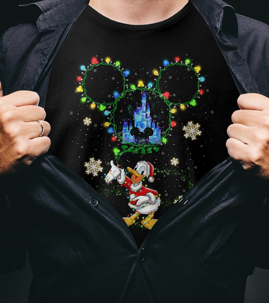 Donald Duck Disney Christmas Castle Snowflakes Lights Mickey Ears T-Shirt