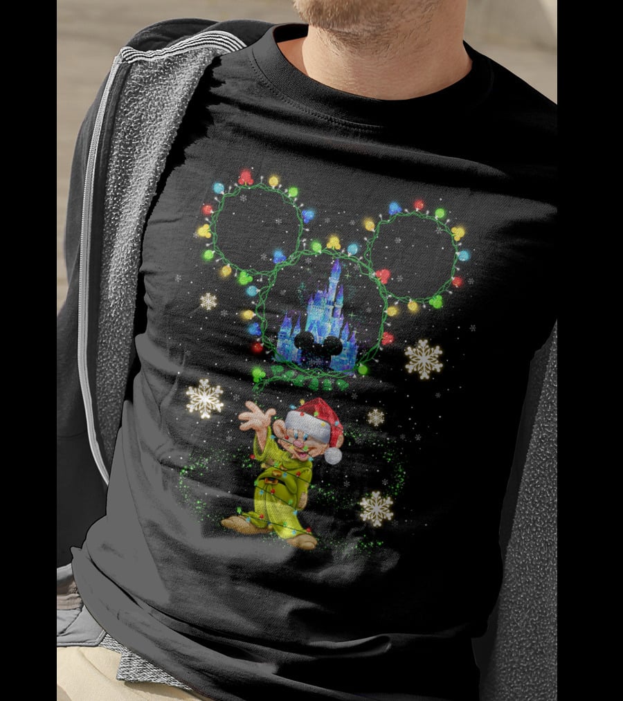 Dopey Christmas Castle Mickey Lights Snowflakes T-Shirt