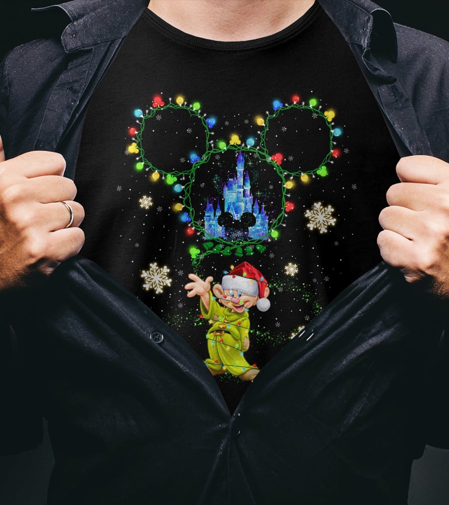 Dopey Christmas Castle Mickey Lights Snowflakes T-Shirt