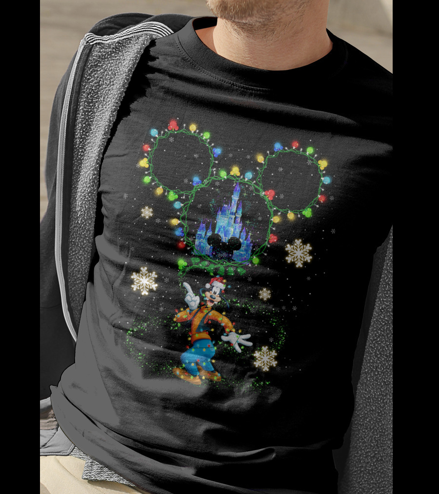 Goofy Castle Mickey Lights Snowflakes Holiday T-Shirt