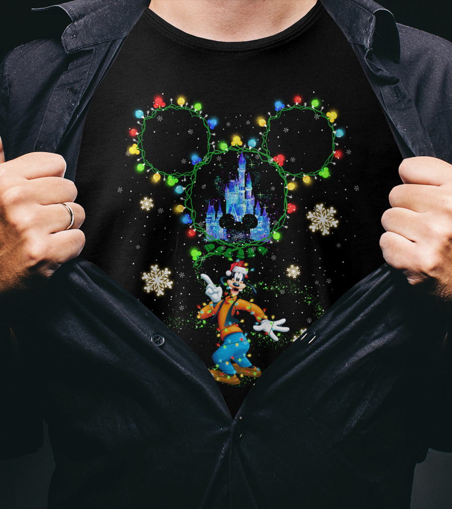 Goofy Castle Mickey Lights Snowflakes Holiday T-Shirt