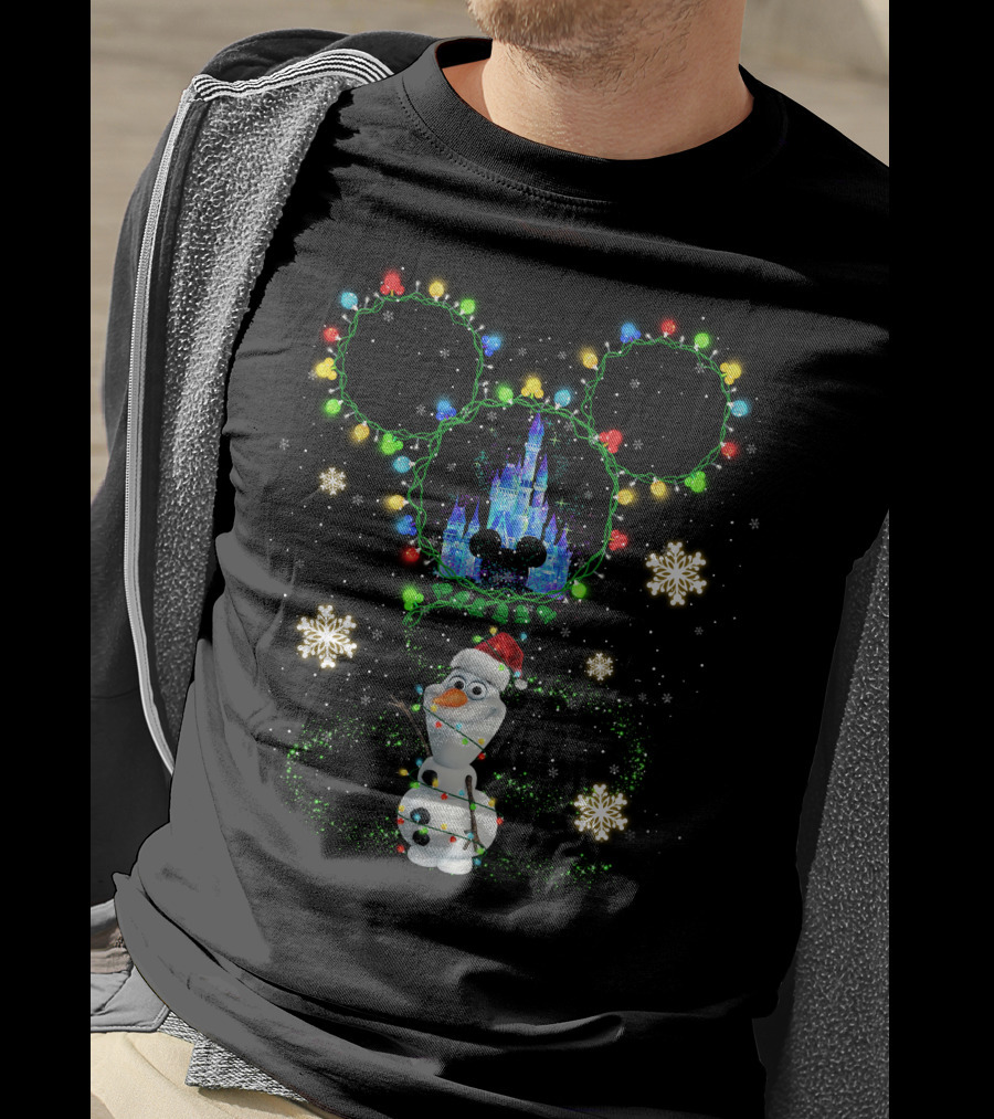 Olaf Christmas Lights Disney Castle With Mickey Ears Snowflakes T-Shirt
