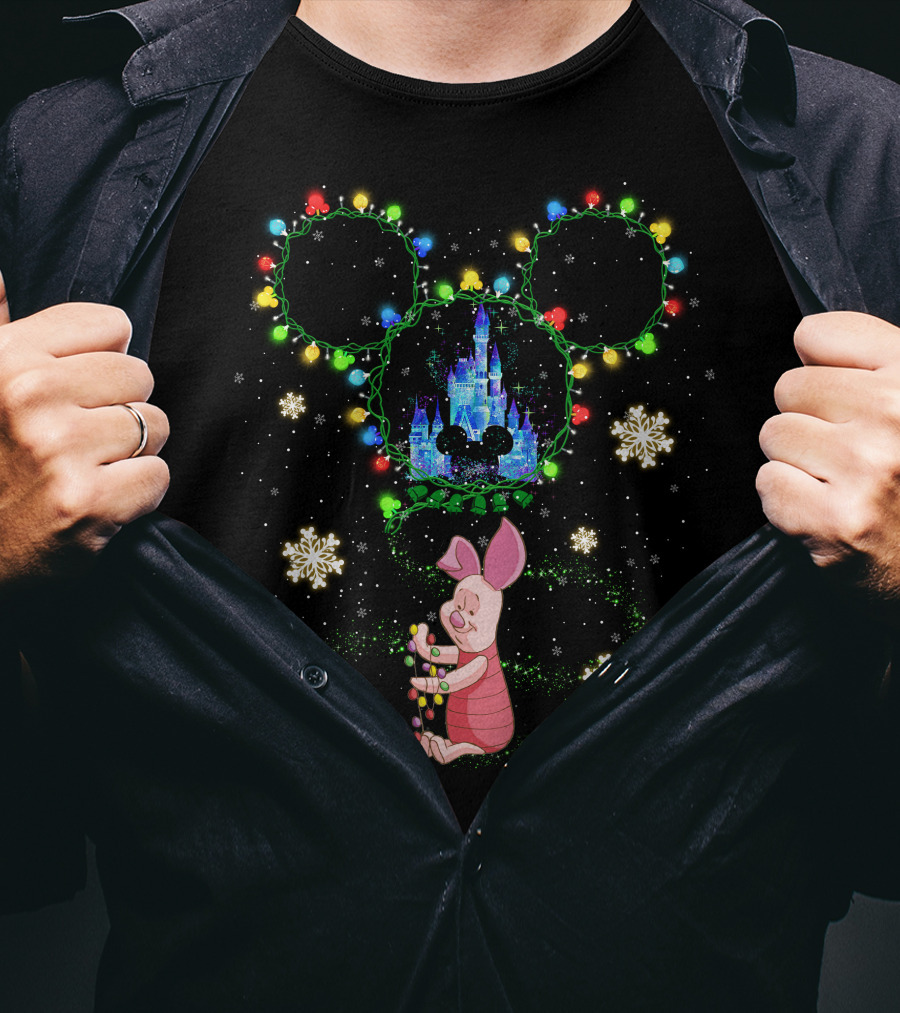 Piglet Christmas Castle Lights Mickey Ears Snowflakes T-Shirt