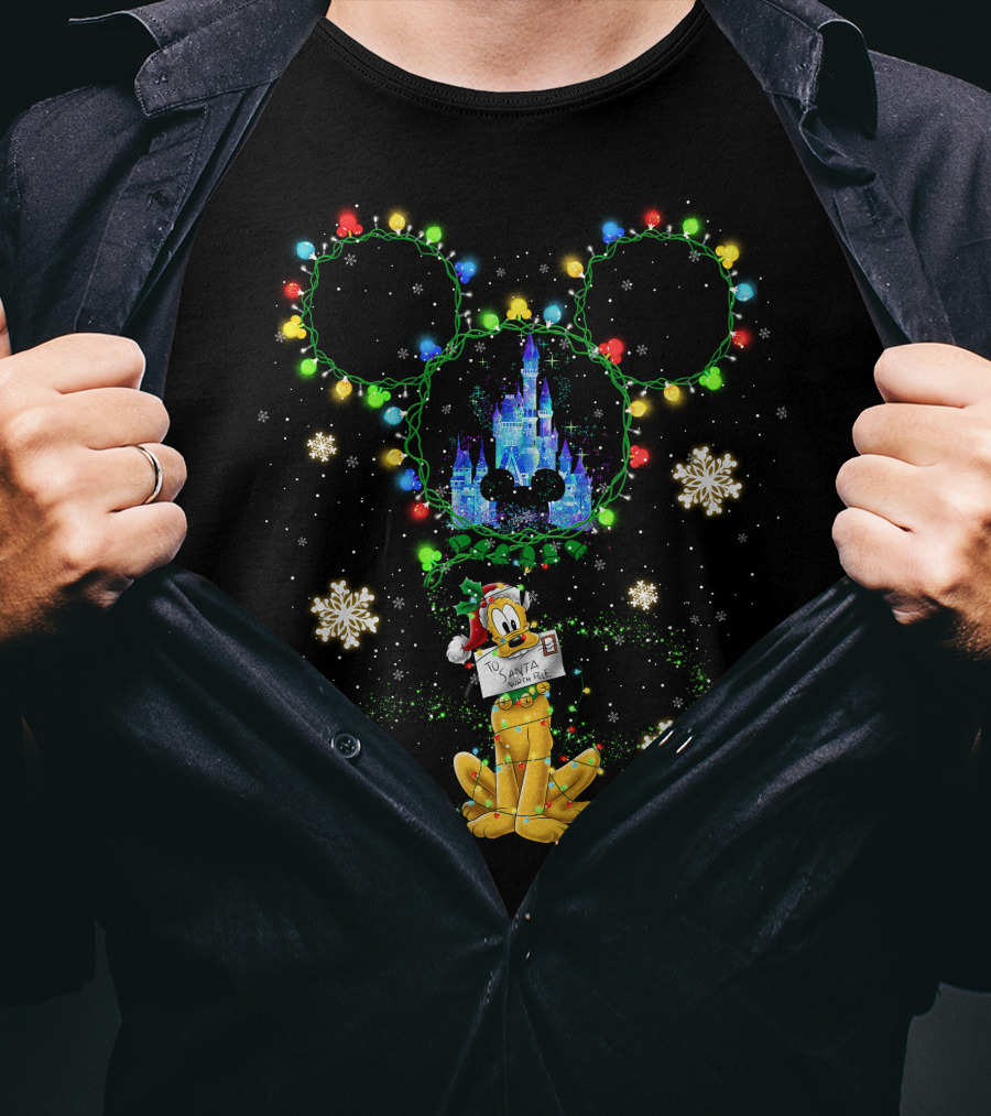 Pluto Santa Christmas Lights Mickey Head Castle Snowflakes T-Shirt