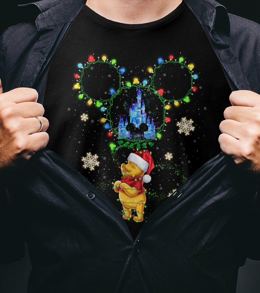 Pooh Christmas Castle Lights Fantasy Snowflakes Holiday Magic T-Shirt