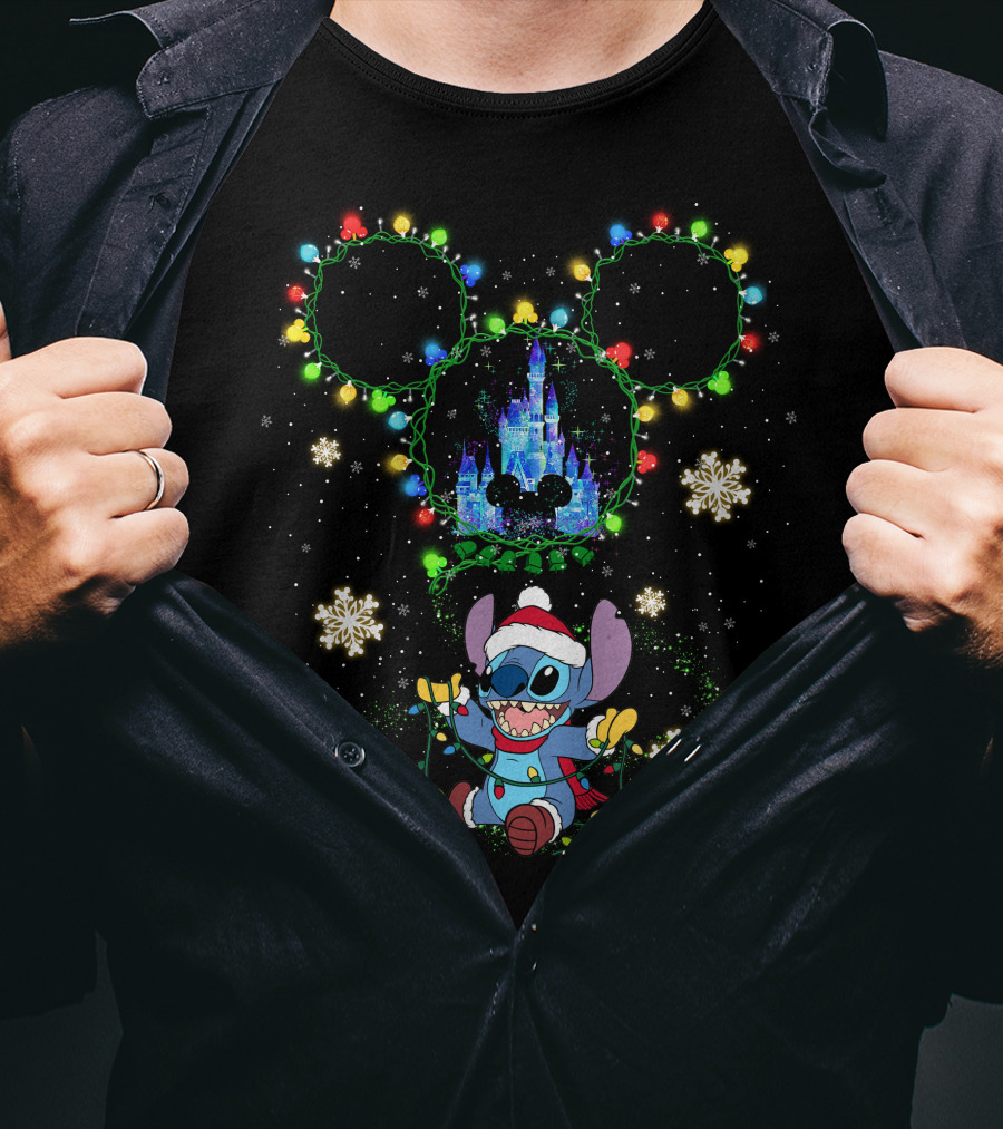 Disney Stitch Christmas Castle Lights Mickey Ears T-Shirt
