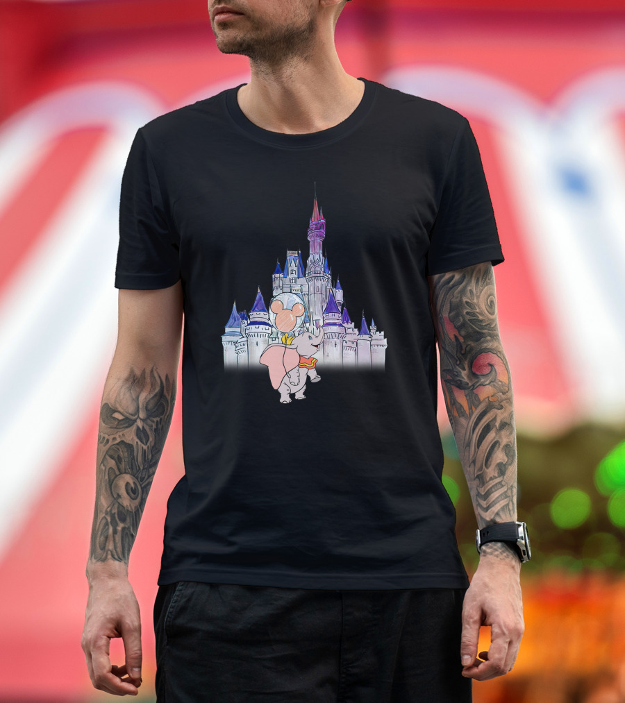 Dumbo With Mickey Balloon In Front Of Disney Castle T-Shirt