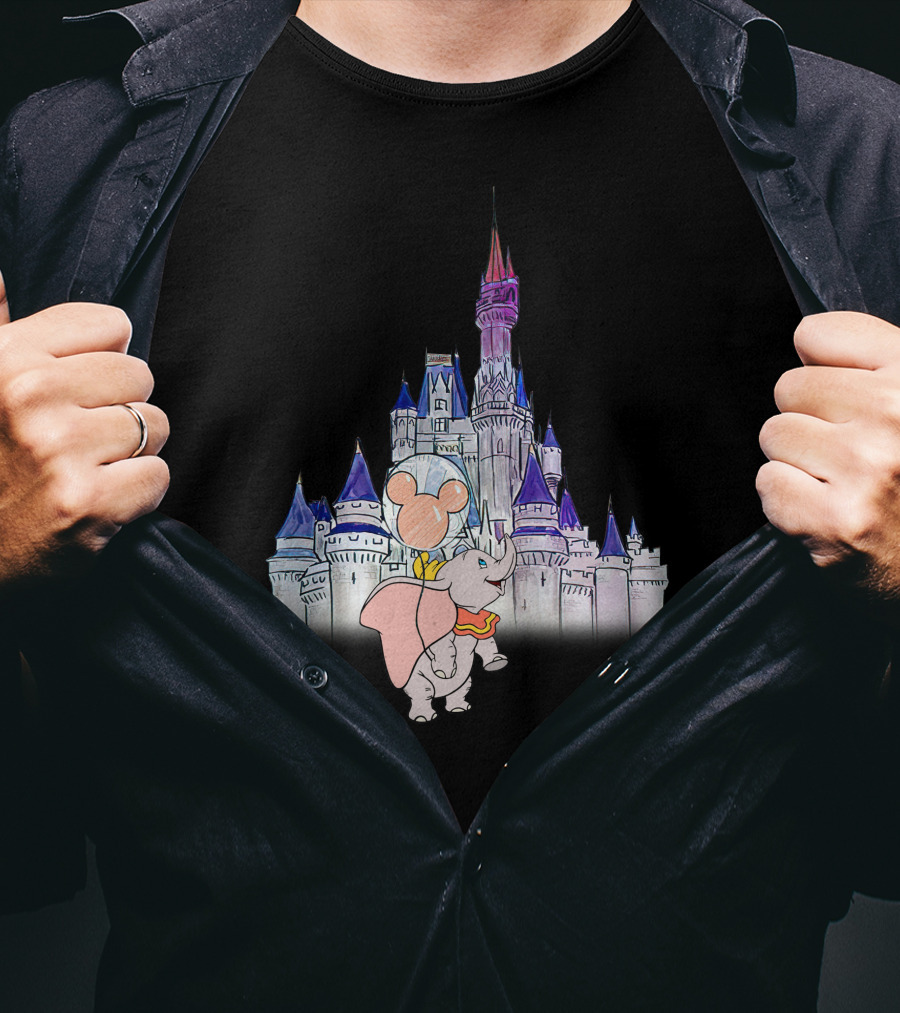 Dumbo With Mickey Balloon In Front Of Disney Castle T-Shirt