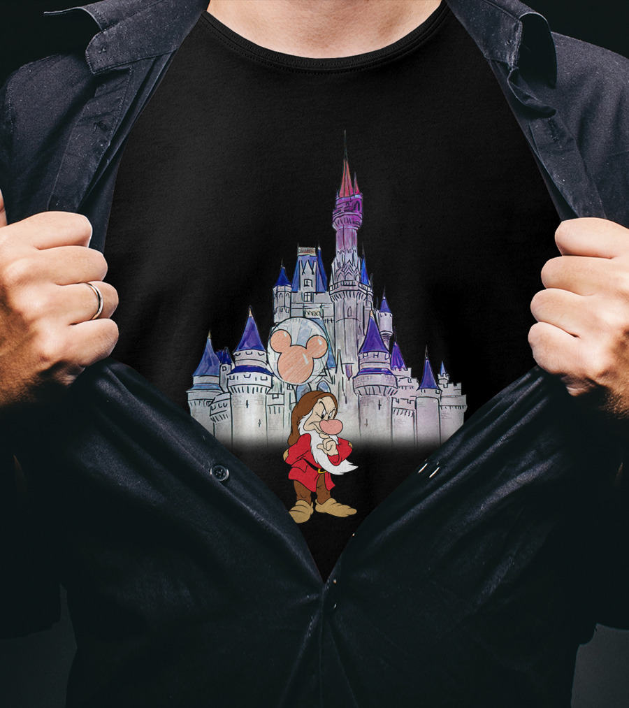 Grumpy Dwarf With Mickey Balloon At Disney Castle T-Shirt