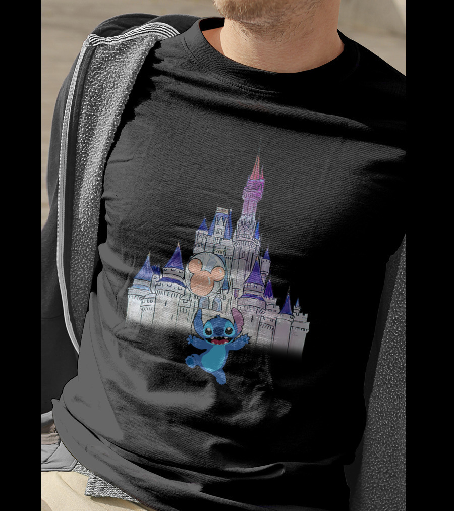 Stitch At Enchanted Disney Castle With Mickey Balloon T-Shirt