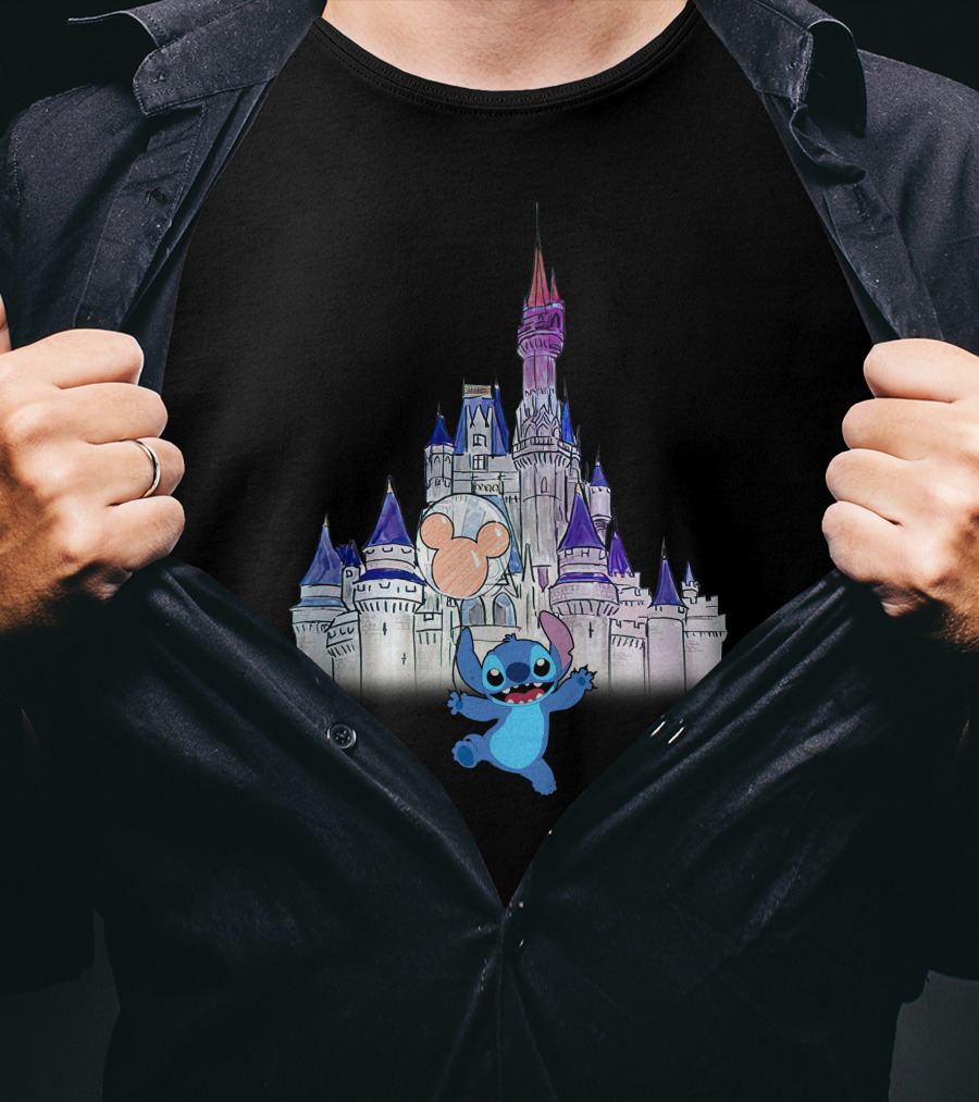 Stitch At Enchanted Disney Castle With Mickey Balloon T-Shirt