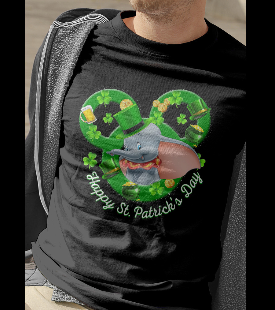 Dumbo Happy St. Patrick's Day With Shamrocks And Leprechaun Hat T-Shirt