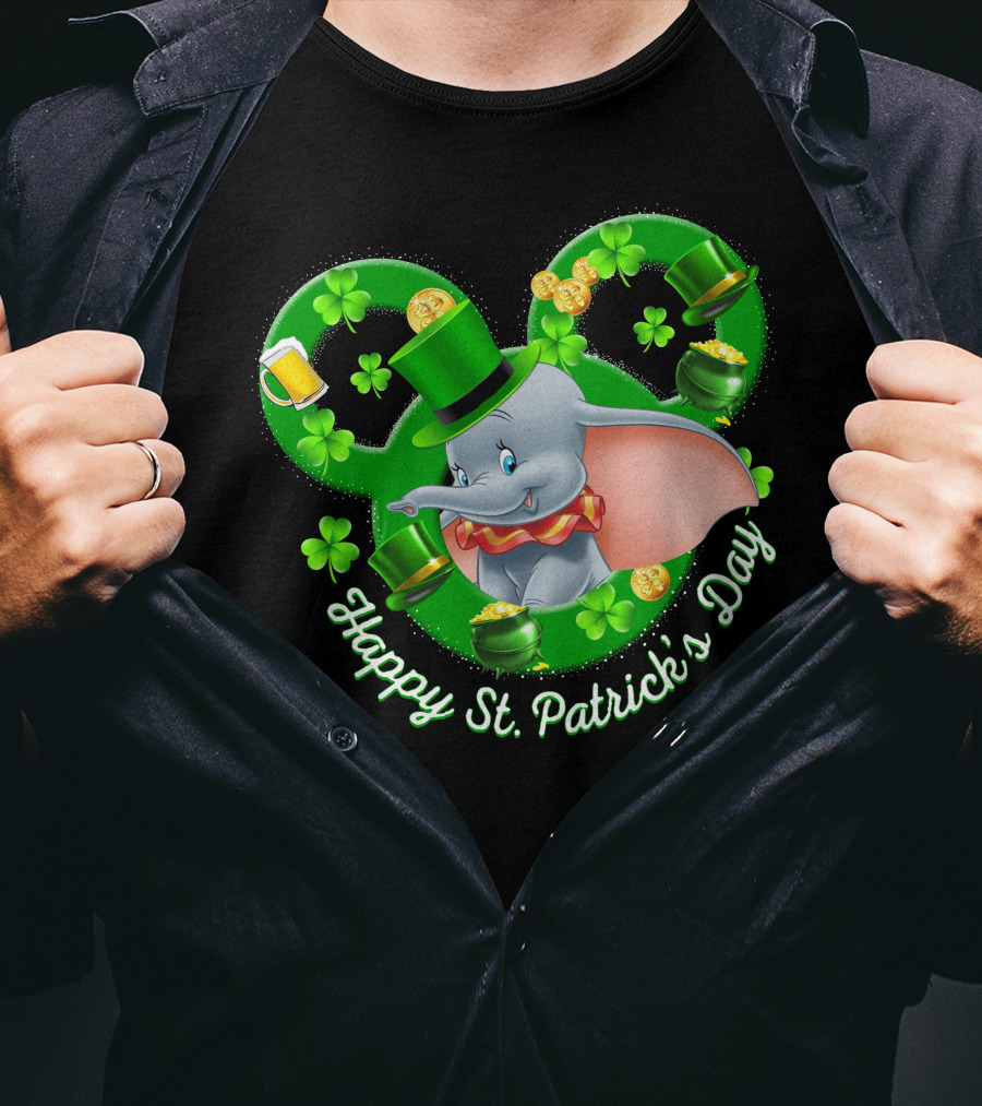 Dumbo Happy St. Patrick's Day With Shamrocks And Leprechaun Hat T-Shirt
