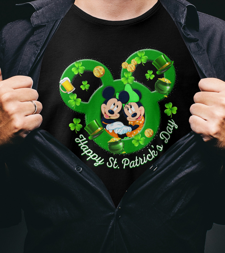 Happy St. Patrick's Day Mickey Minnie Shamrocks And Green Hats T-Shirt