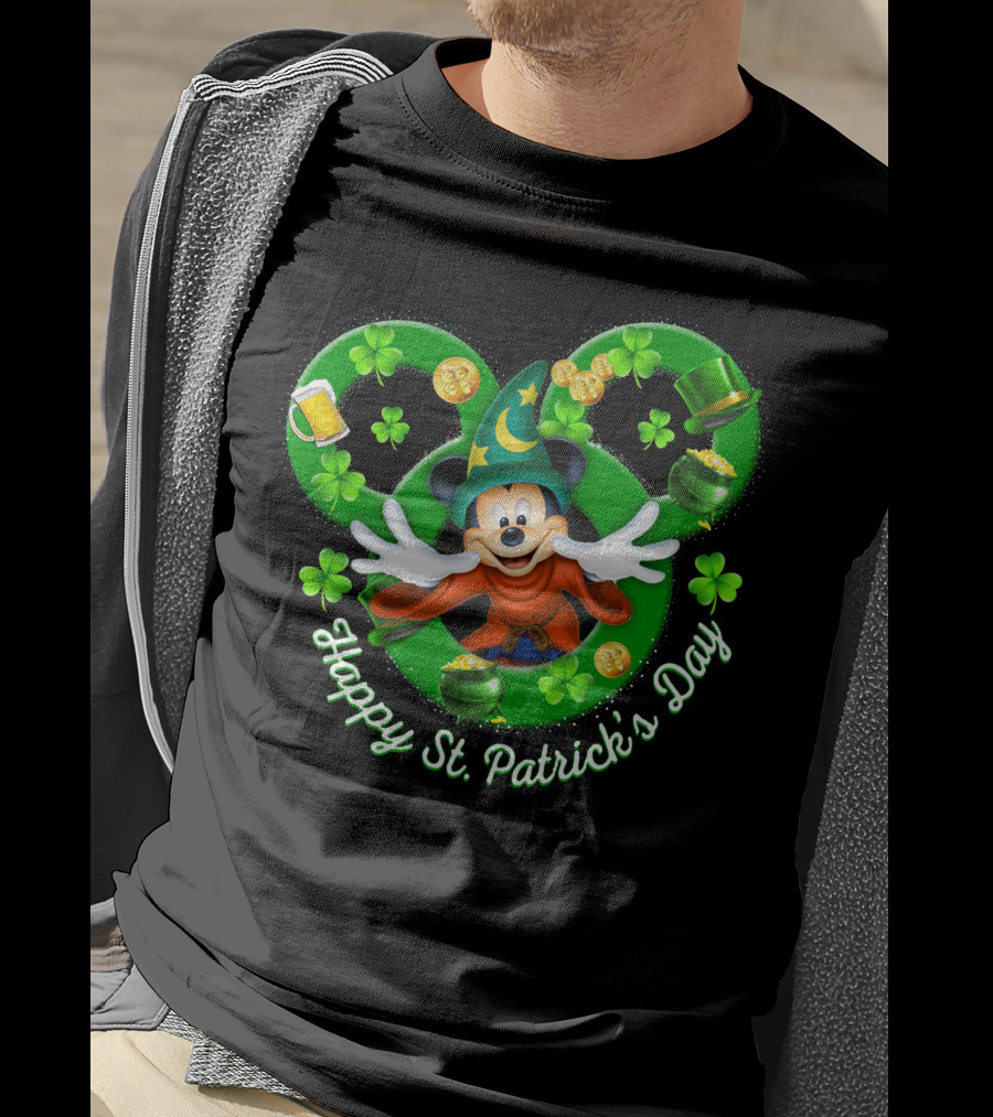 Happy St. Patrick's Day Mickey Fantasia Magic Hat Clover Coins T-Shirt