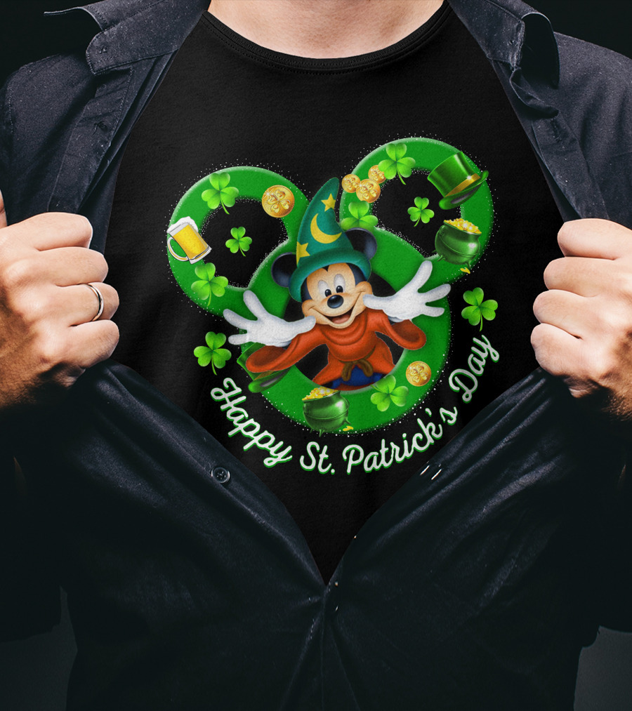 Happy St. Patrick's Day Mickey Fantasia Magic Hat Clover Coins T-Shirt