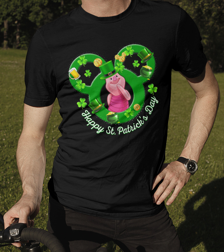 Piglet Happy St. Patrick’s Day Mickey Ears Shamrocks Coins Hat T-Shirt