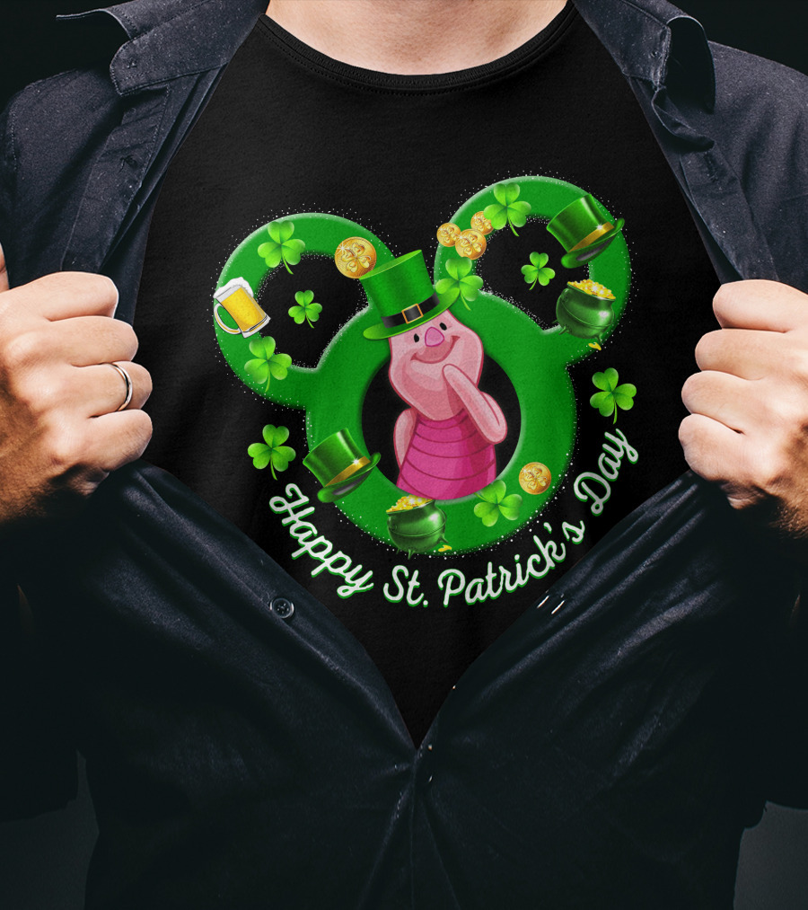 Piglet Happy St. Patrick’s Day Mickey Ears Shamrocks Coins Hat T-Shirt