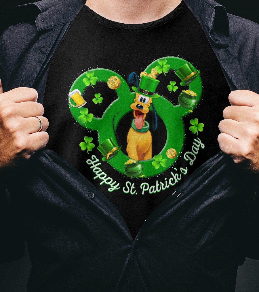 Happy St. Patrick's Day Pluto Mickey Ears Shamrocks Gold Coins T-Shirt