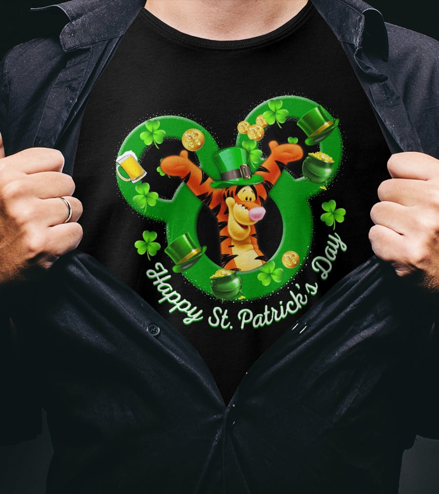 Tigger Happy St. Patrick's Day Mickey Ears Clover And Gold Coins T-Shirt