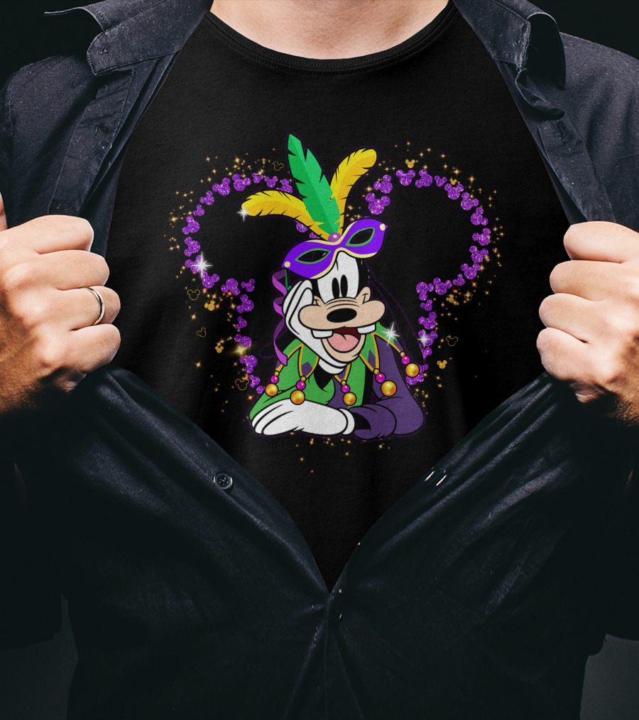 Goofy Mardi Gras Disney Mickey Ears Sparkle Feathers Mask T-Shirt