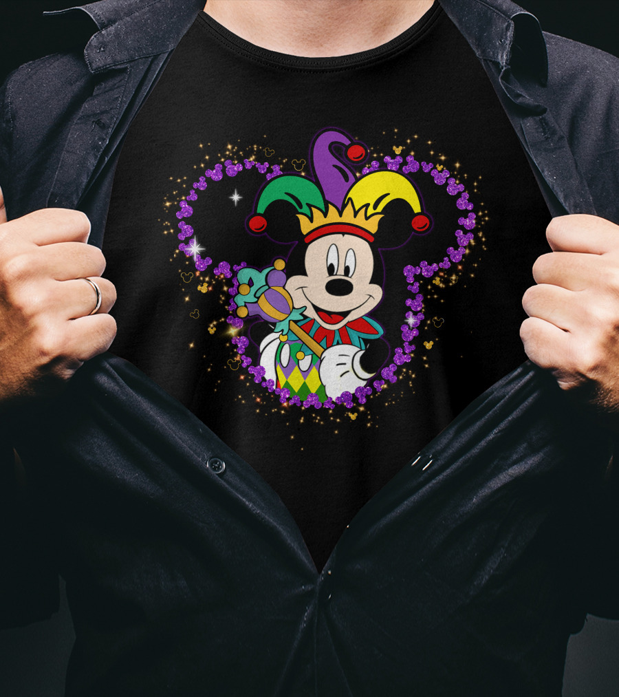 Mickey Mouse Jester Mardi Gras Magic With Crown And Scepter T-Shirt