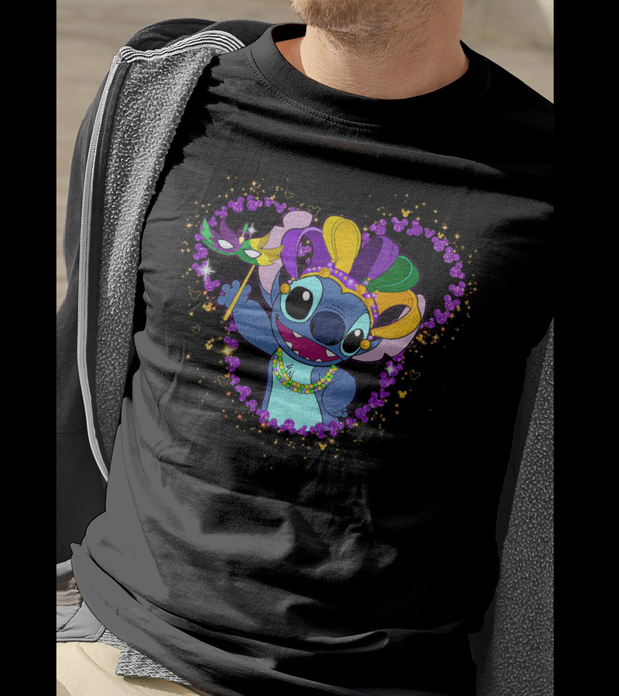 Stitch Mardi Gras Celebration With Mask And Beads In Purple Heart Frame T-Shirt