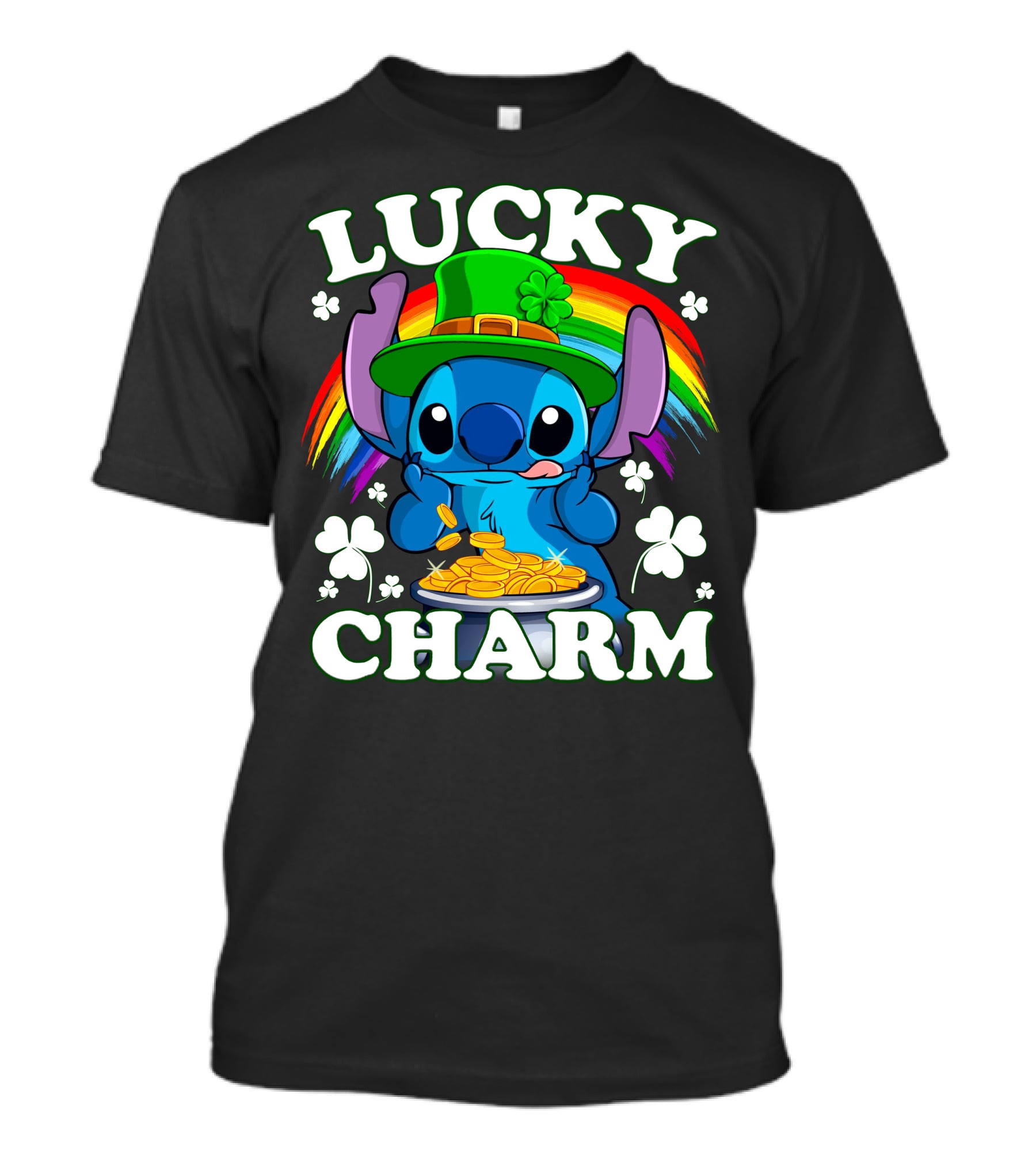 Stitch Lucky Charm Leprechaun Rainbow And Gold Coins T-Shirt