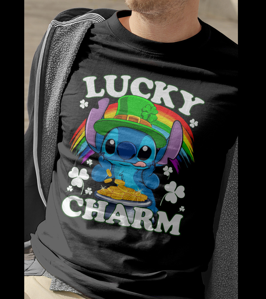 Stitch Lucky Charm Leprechaun Rainbow And Gold Coins T-Shirt