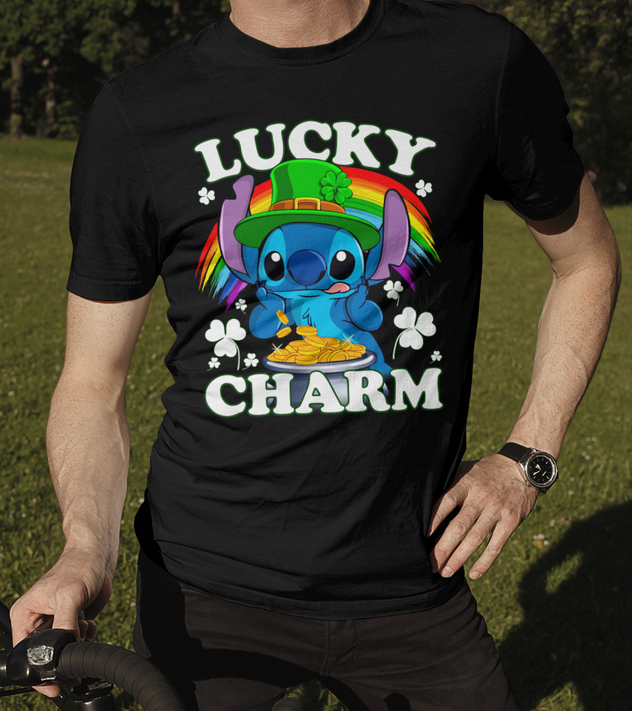 Stitch Lucky Charm Leprechaun Rainbow And Gold Coins T-Shirt