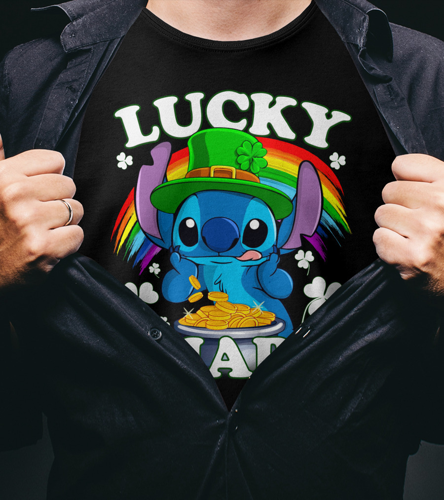 Stitch Lucky Charm Leprechaun Rainbow And Gold Coins T-Shirt