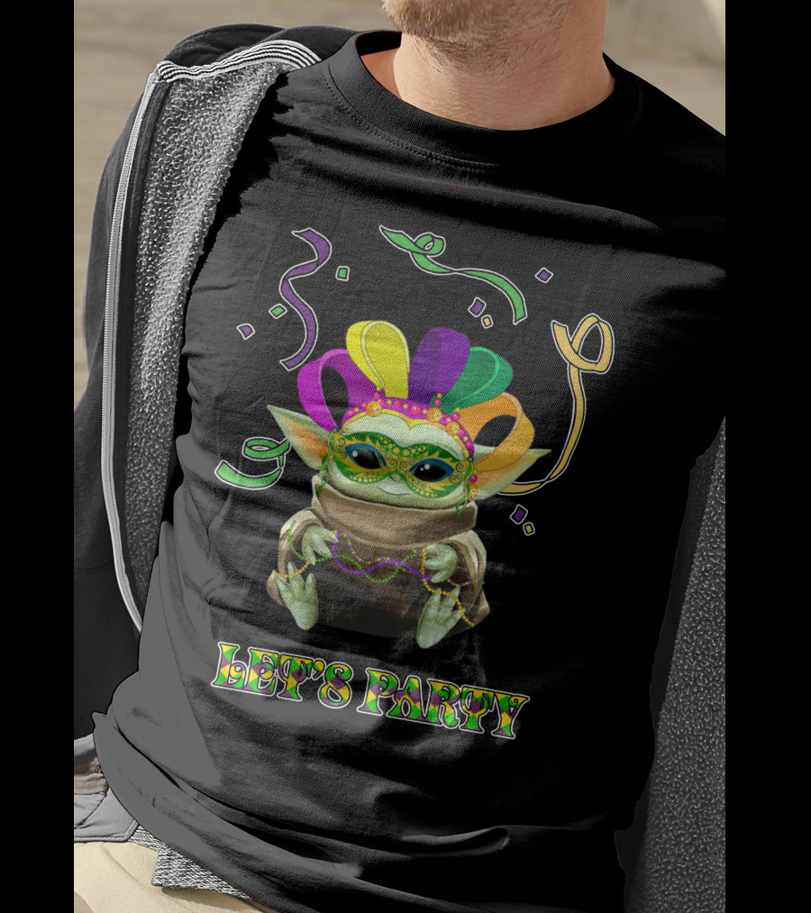 Baby Yoda Let's Party Mardi Gras Mask And Beads T-Shirt