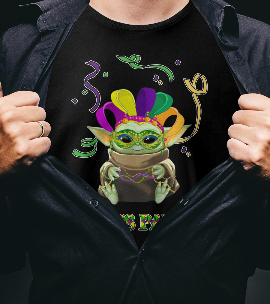Baby Yoda Let's Party Mardi Gras Mask And Beads T-Shirt