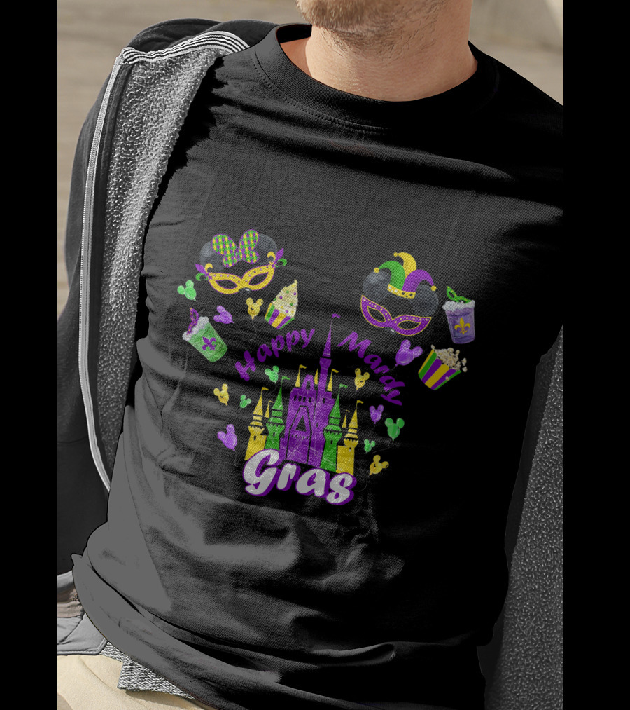 Happy Mardi Gras Castle Celebration With Mask And Snack Icons T-Shirt