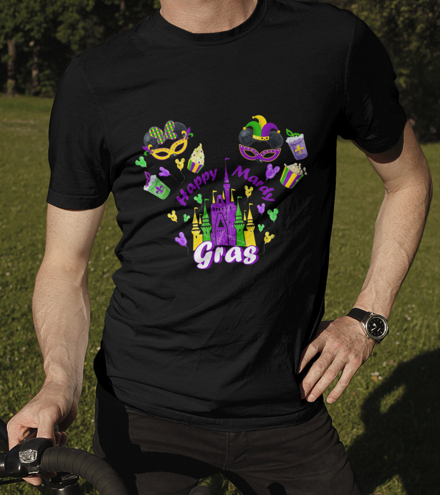 Happy Mardi Gras Castle Celebration With Mask And Snack Icons T-Shirt