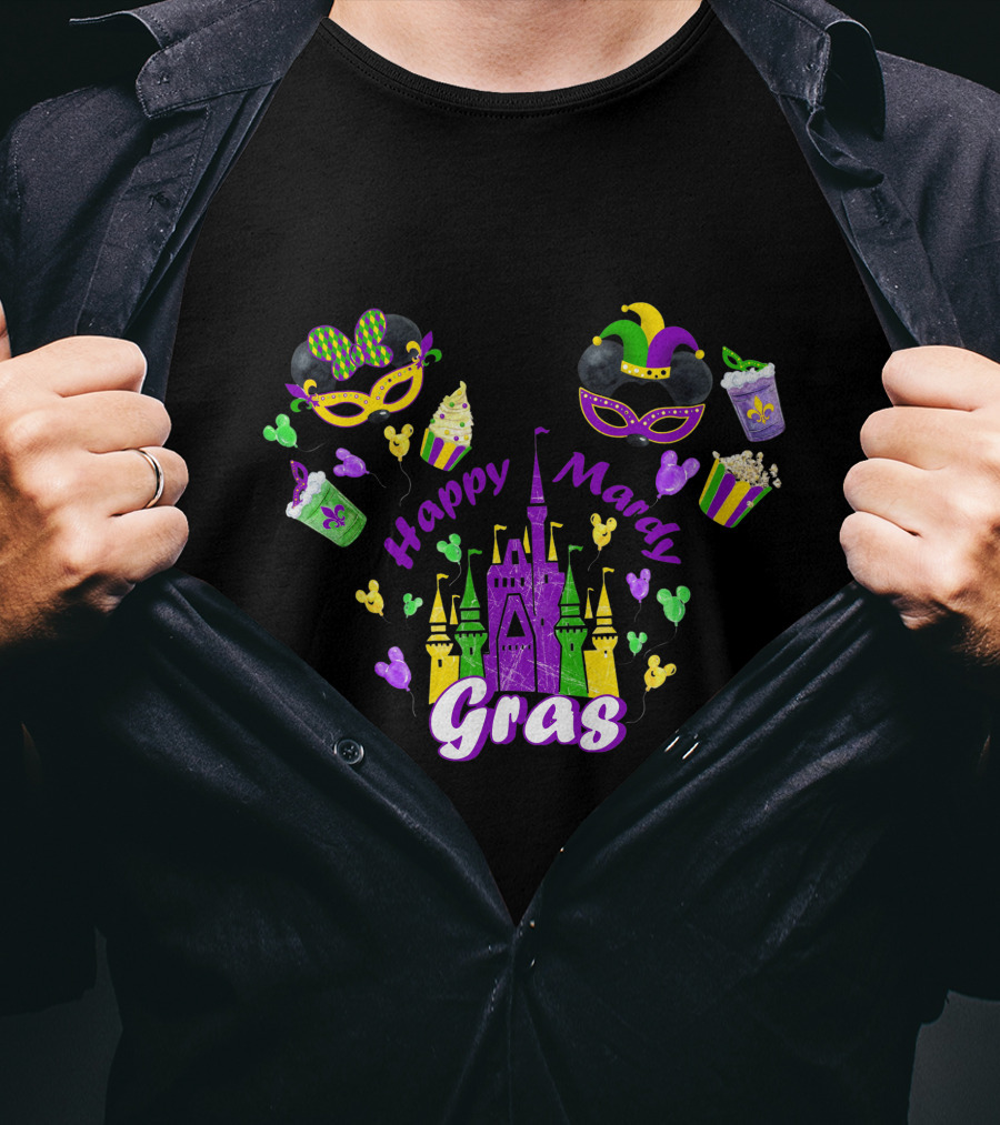Happy Mardi Gras Castle Celebration With Mask And Snack Icons T-Shirt